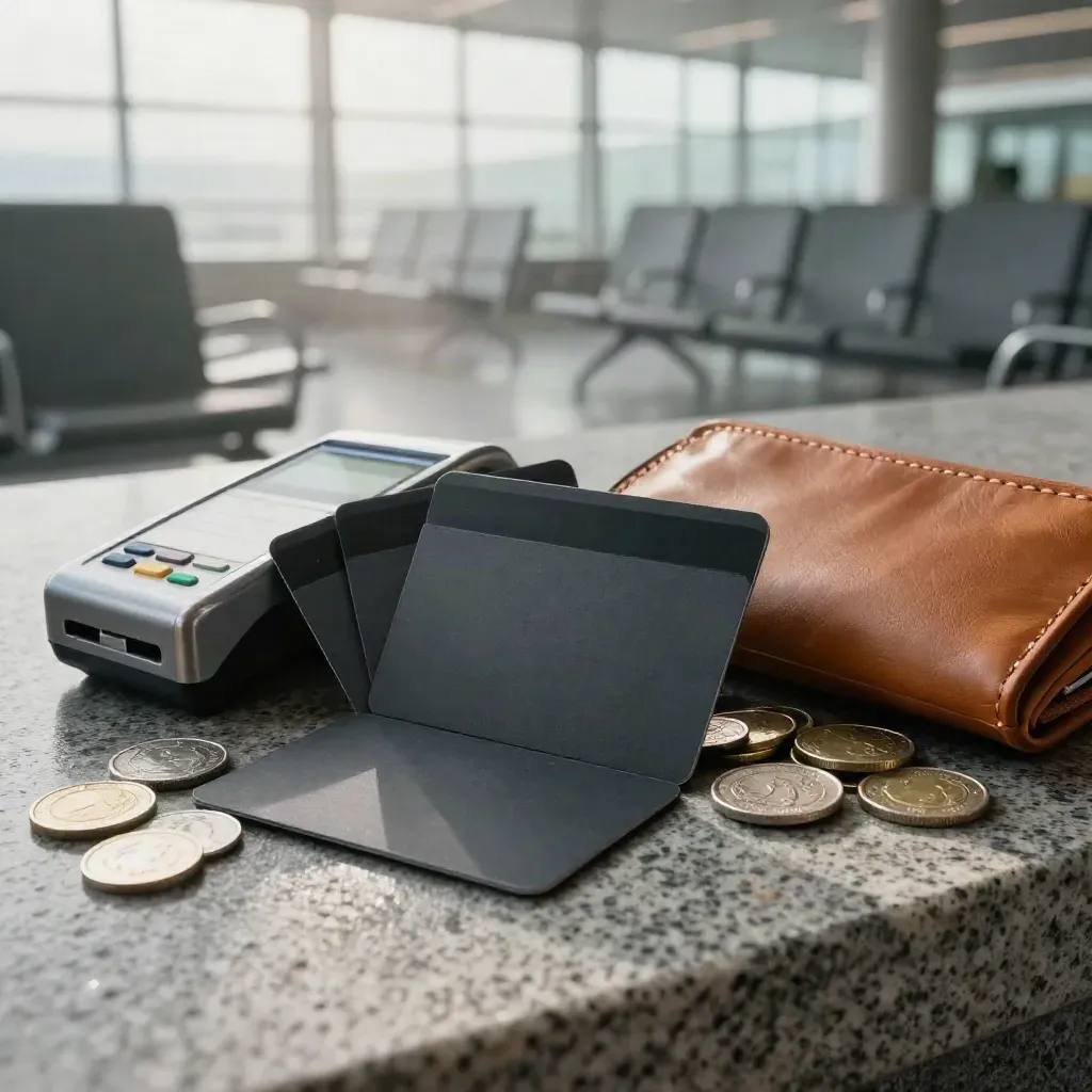 Wallet card, reader, pouch and coins on a wet airport counter at dawn.