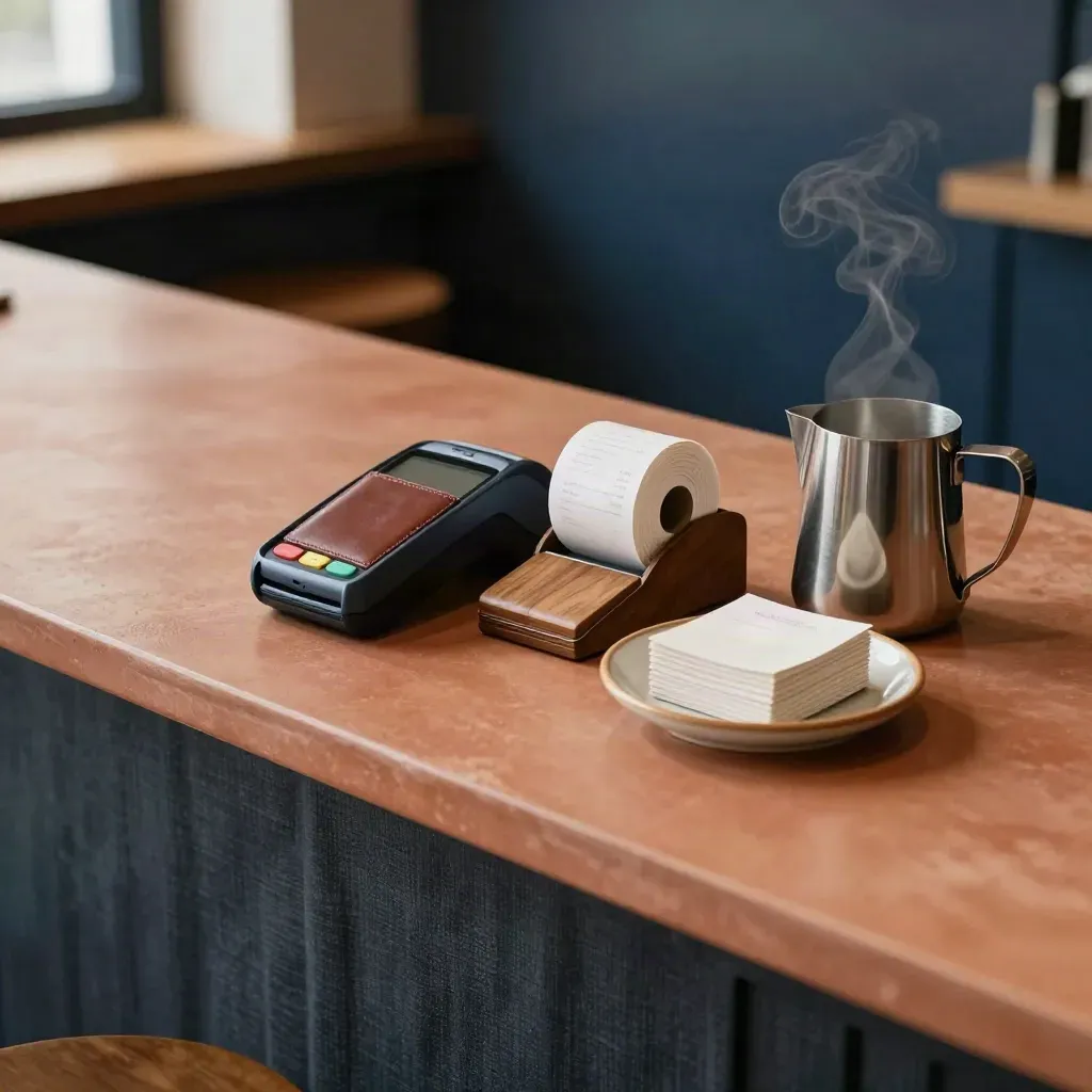 Cafe counter merchant payment station with reader dock, card wallet, receipt roll and payout cards.
