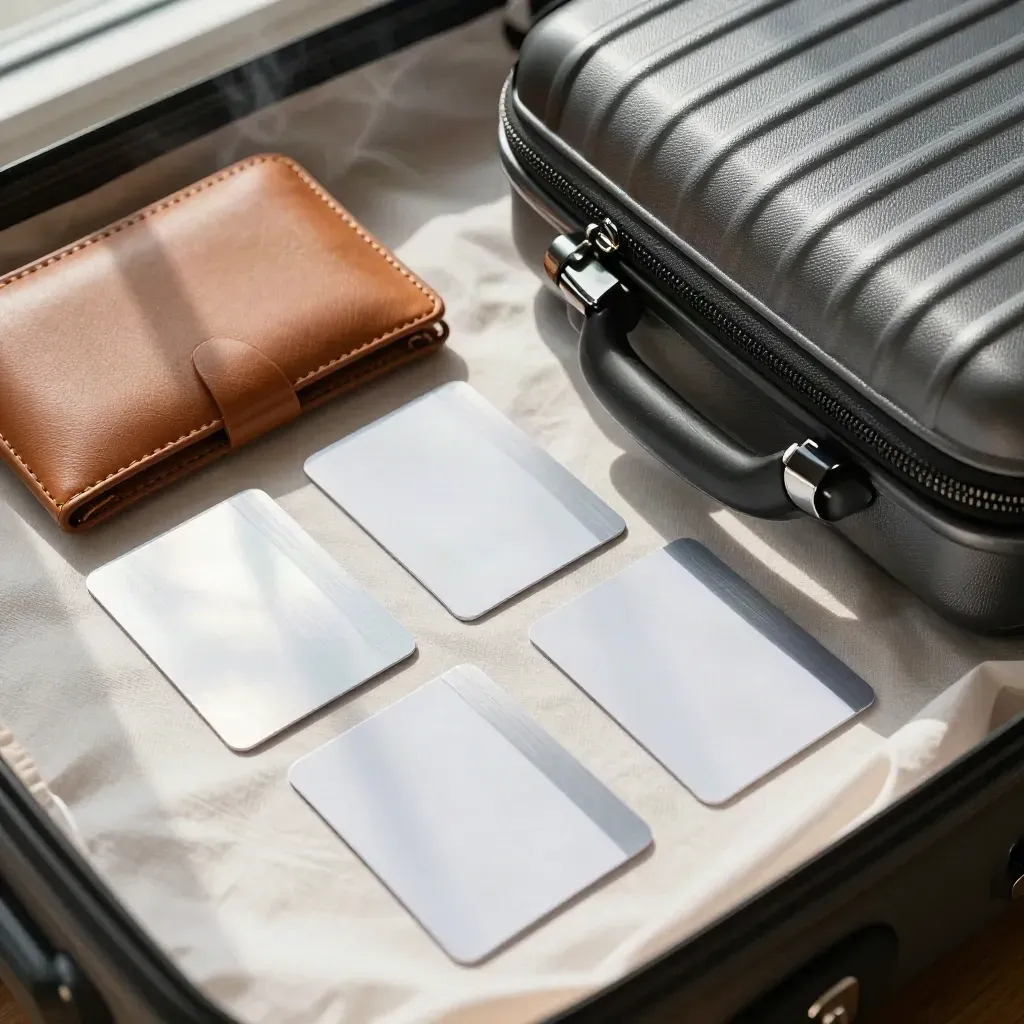 Overhead travel kit with prepaid cards, leather pouch, and carry-on case in soft daylight.