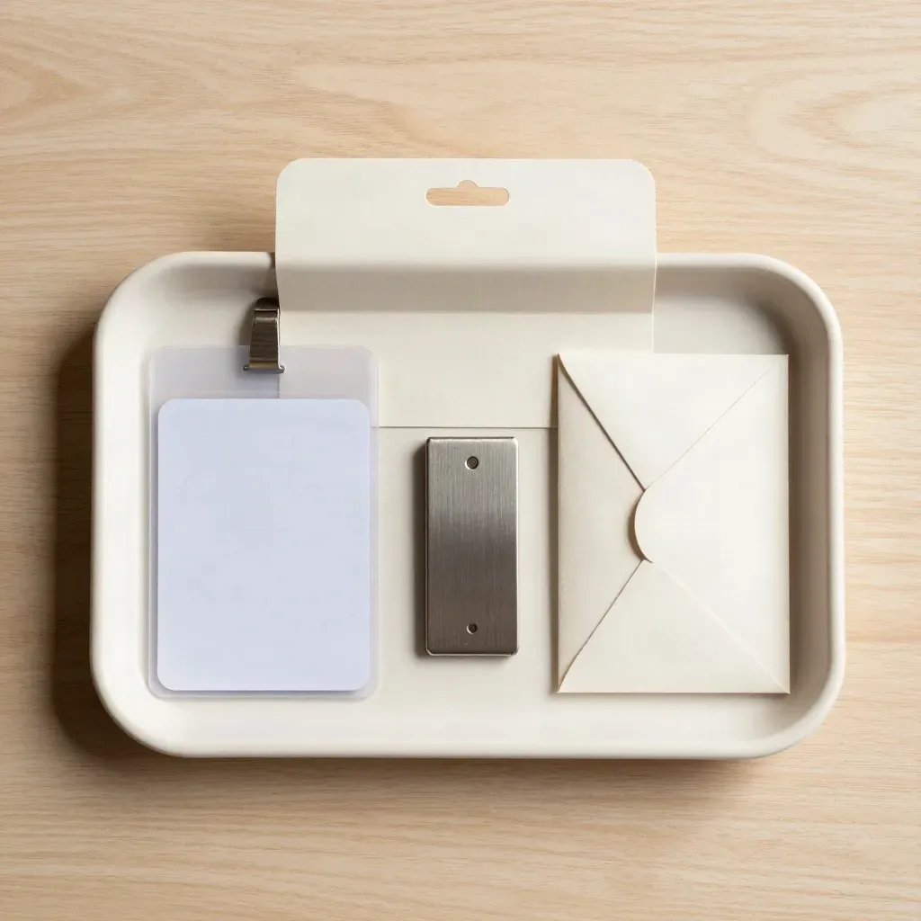 Overhead welcome kit with ID sleeve, metal token, and sealed envelope on pale wood