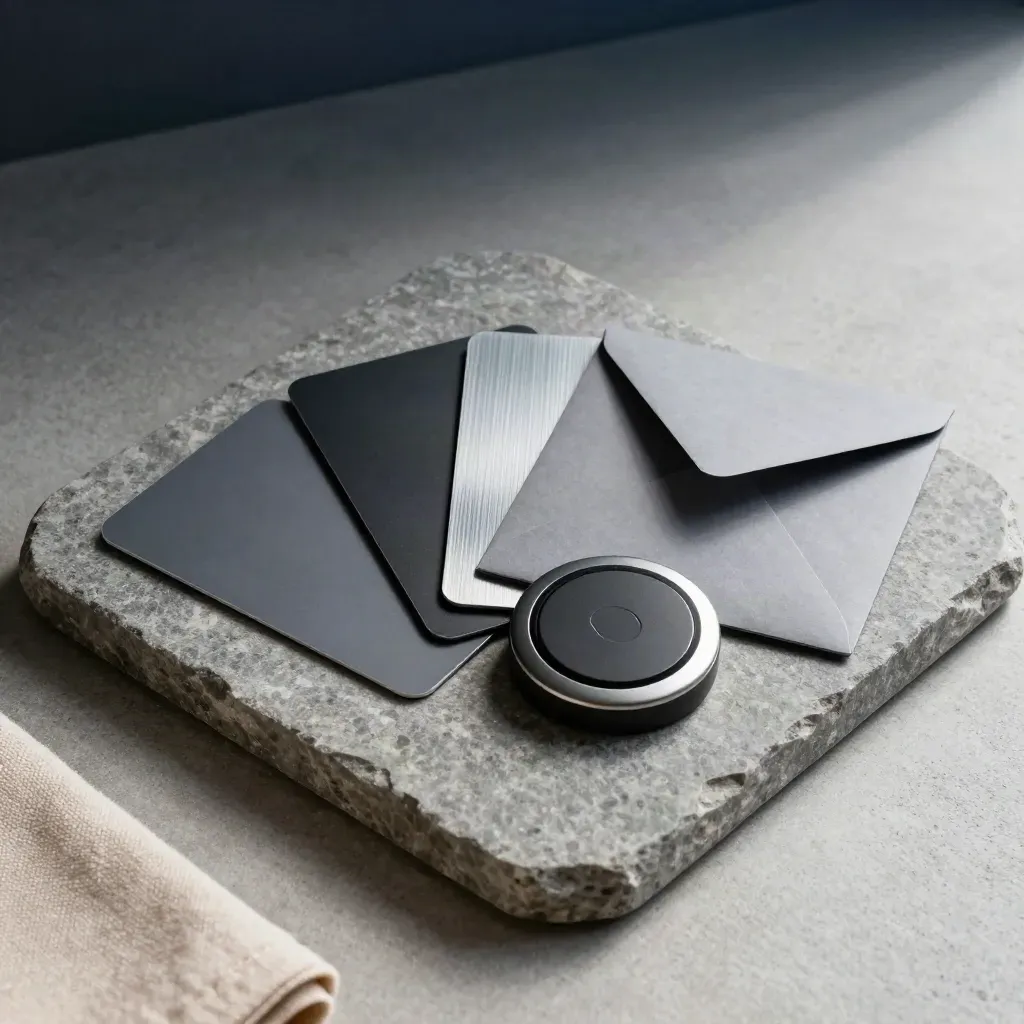 Four payment options arranged on a stone tray with soft daylight and a folded cloth.